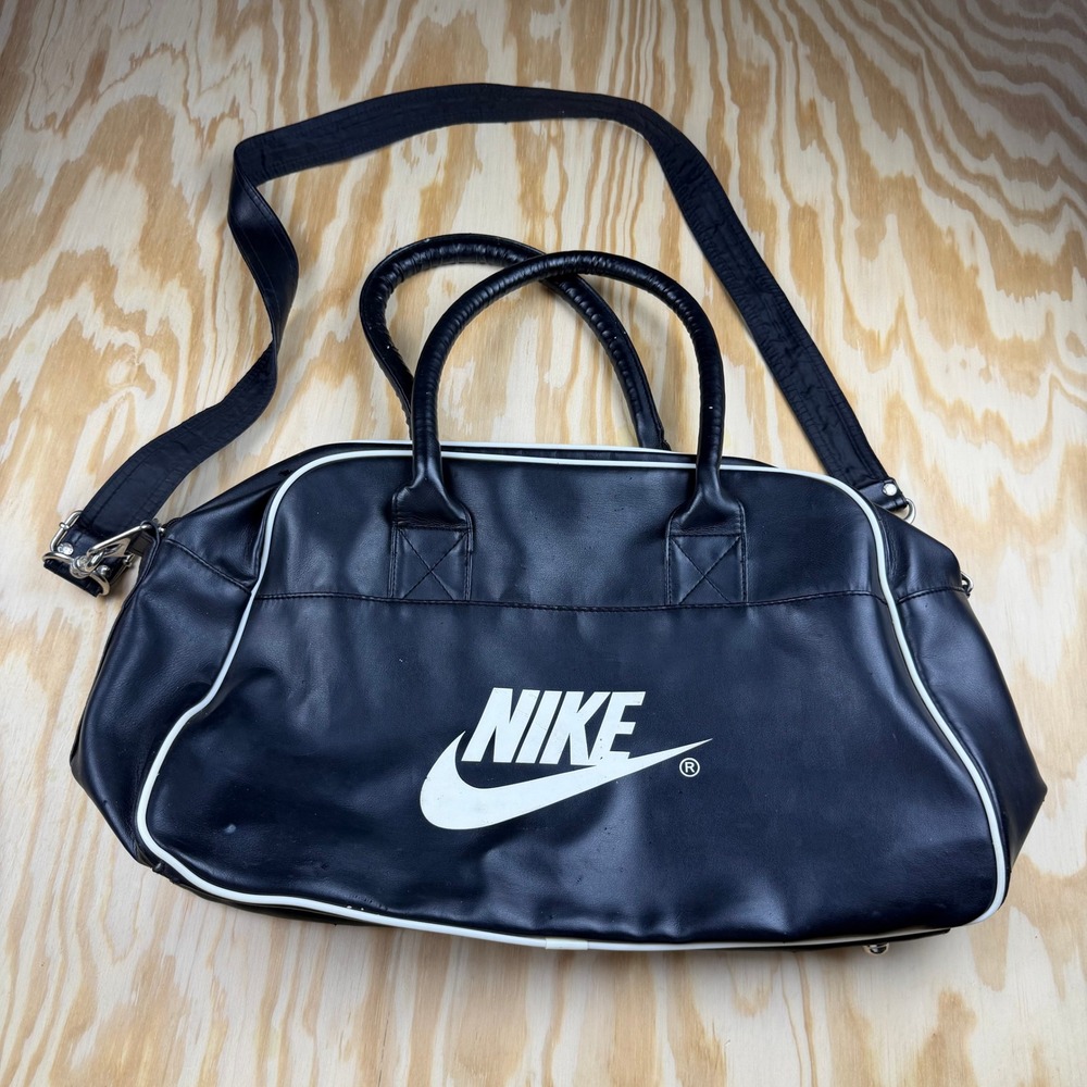 Nike Vintage Black Faux Leather Duffel Bag White Piping Gym Travel Carryall